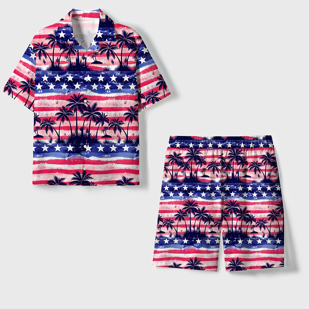 Patriotic Unisex Hawaiian Beach Set Camp Collar Shirt And Shorts For Casual Summer Vacation