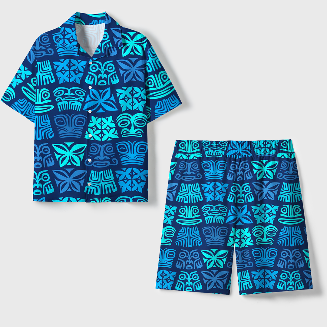 Tiki Totem Unisex Hawaiian Beach Set Camp Collar Shirt And Shorts For Casual Summer Vacation