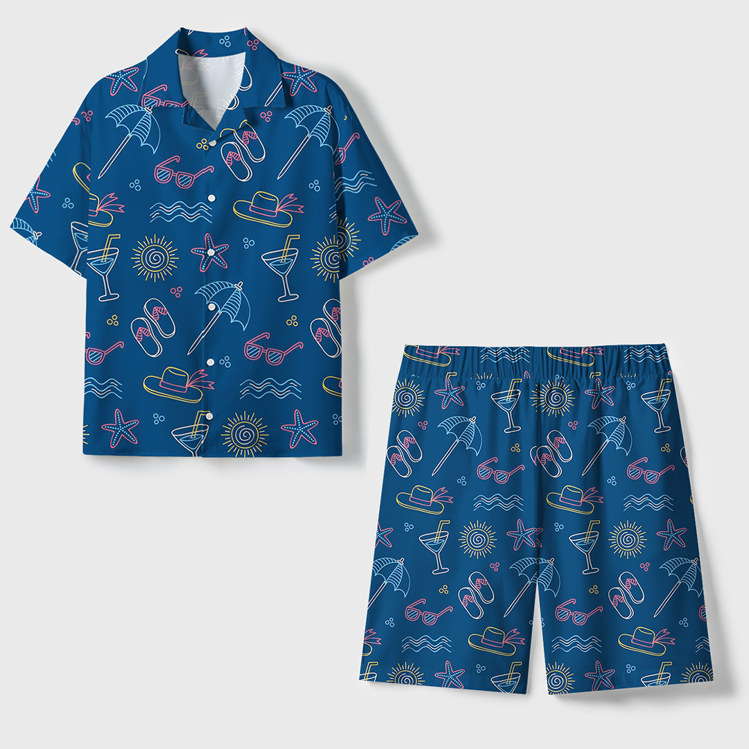 Summer Beach Unisex Hawaiian Beach Set Camp Collar Shirt And Shorts For Casual Summer Vacation