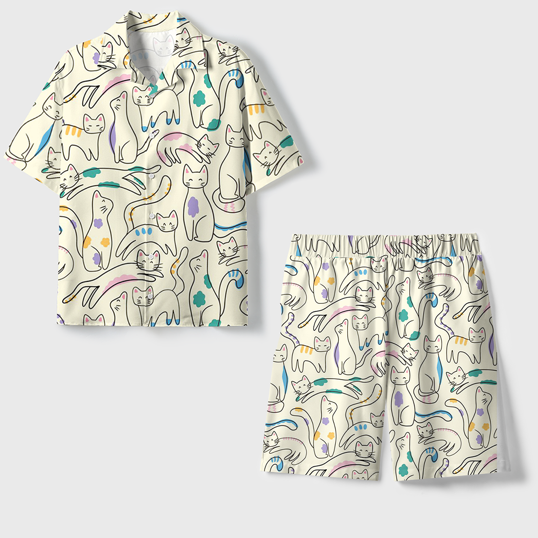 Cats Line Art Unisex Hawaiian Beach Set Camp Collar Shirt And Shorts For Casual Summer Vacation