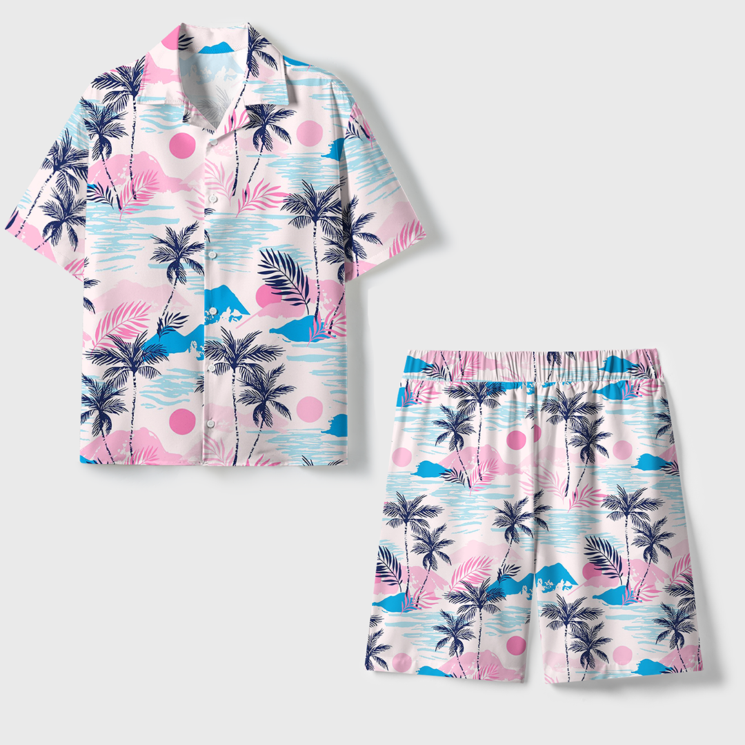Tropical Sunset Unisex Hawaiian Beach Set Camp Collar Shirt And Shorts For Casual Summer Vacation