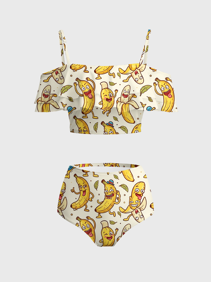 Vintage Cute Banana Two Piece Ruffled Tankini Swimsuit