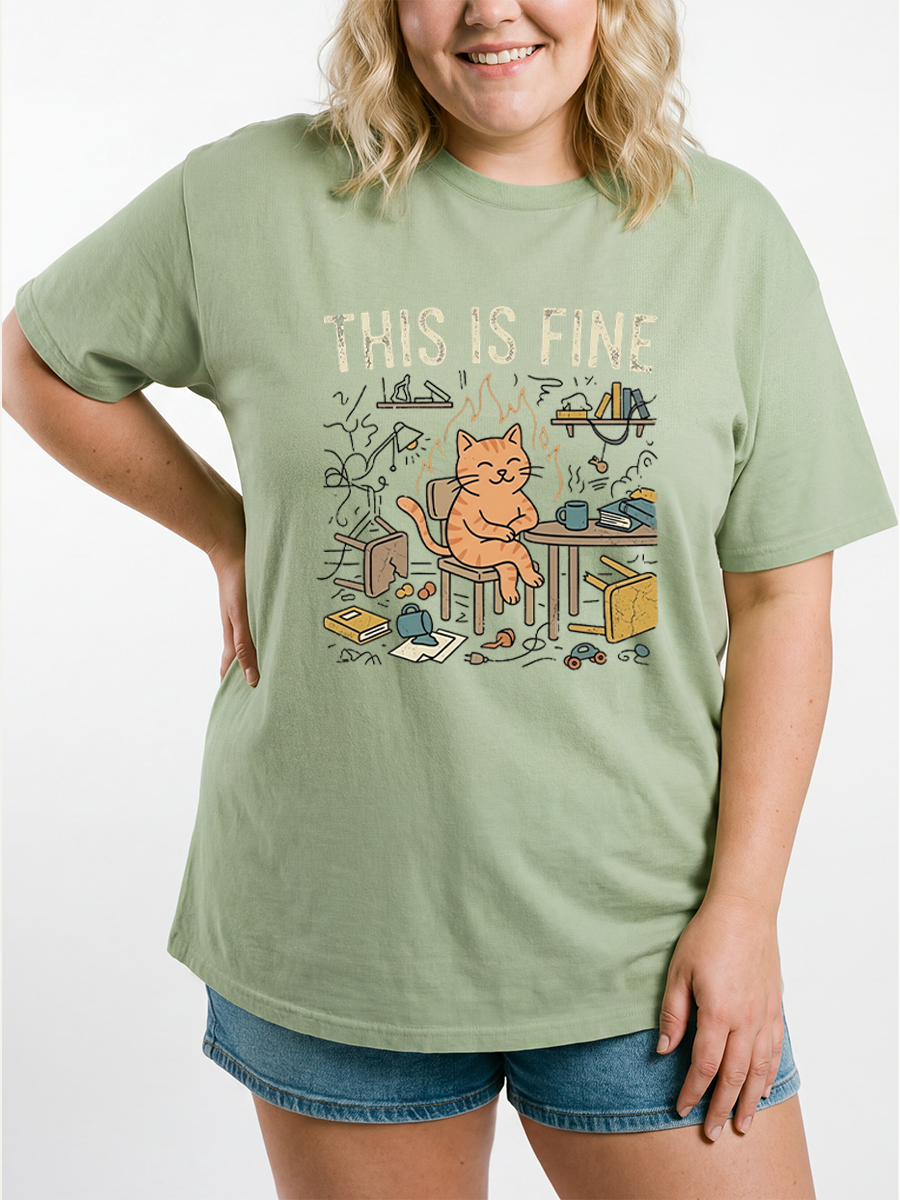 Vintage This Is Fine Calm Cat Oversize Graphic Tee