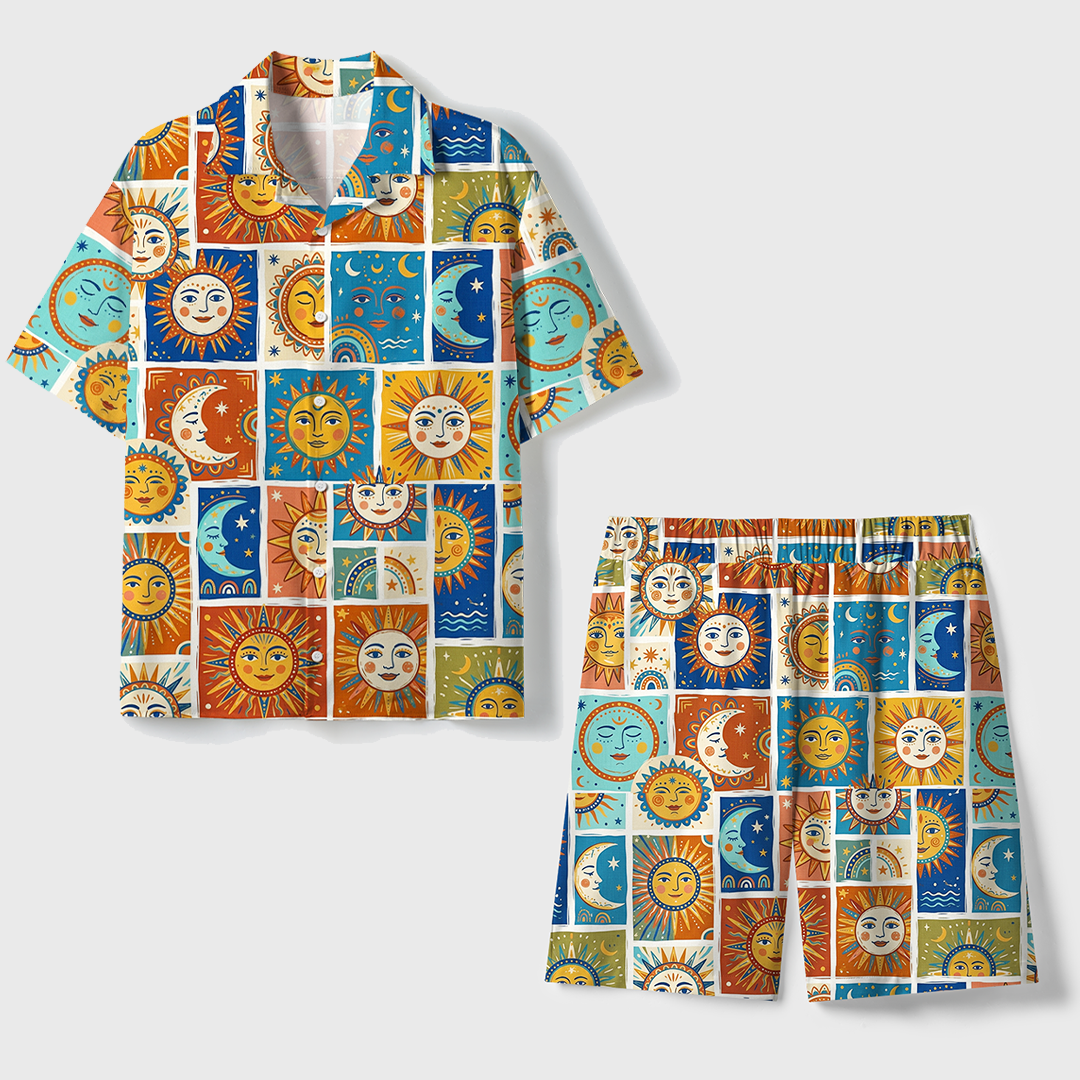 Sun colorful abstract sun and face motifs Unisex Hawaiian Beach Set Camp Collar Shirt And Shorts For Casual Summer Vacation