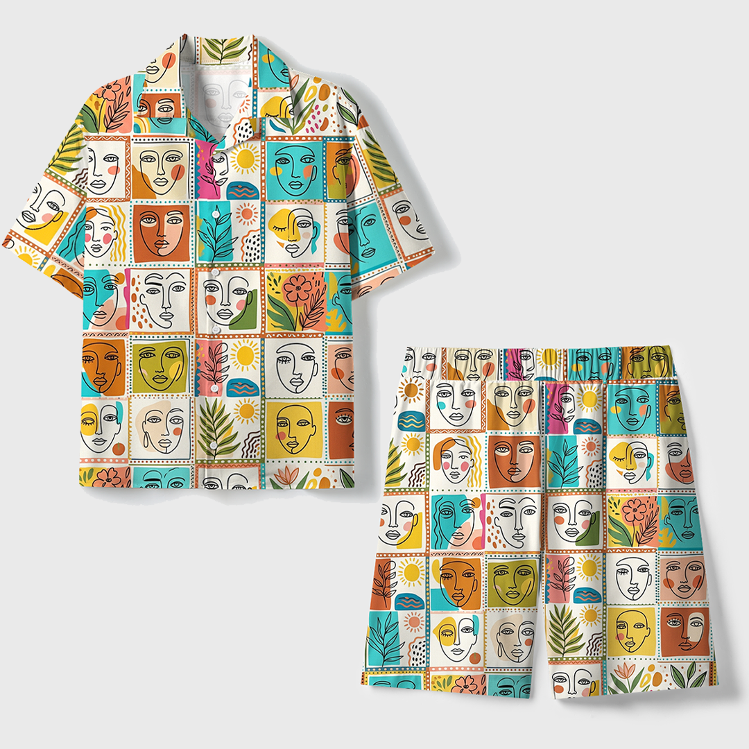 Abstract Sun And Moon Face Unisex Hawaiian Beach Set Camp Collar Shirt And Shorts For Casual Summer Vacation