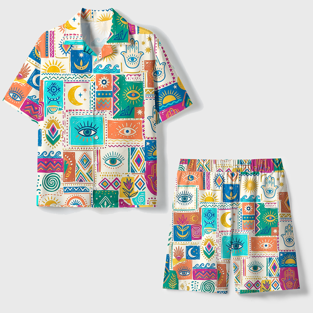 Abstract Mystical Symbols And Eyes Unisex Hawaiian Beach Set Camp Collar Shirt And Shorts For Casual Summer Vacation