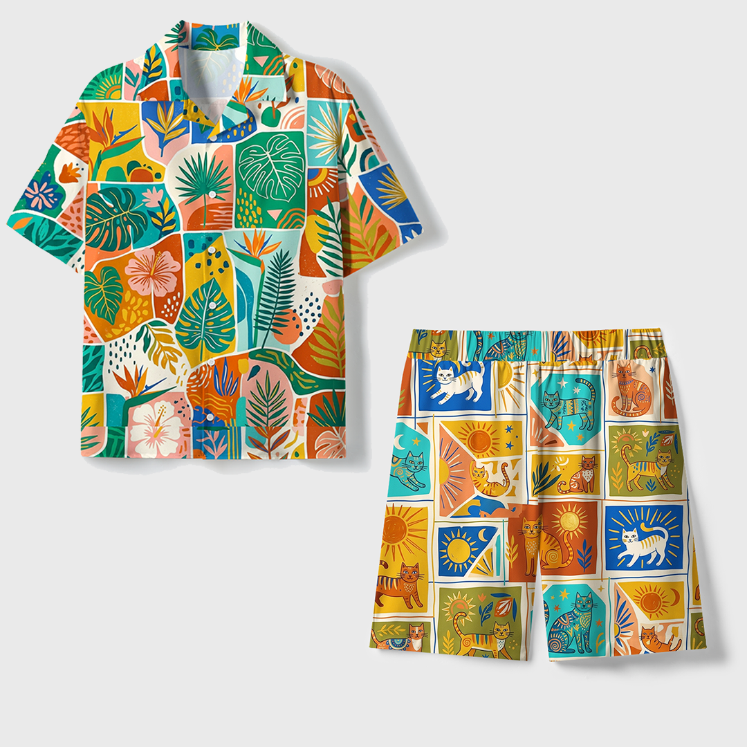 Abstract Tropical Leaves And Flowers Unisex Hawaiian Beach Set Camp Collar Shirt And Shorts For Casual Summer Vacation