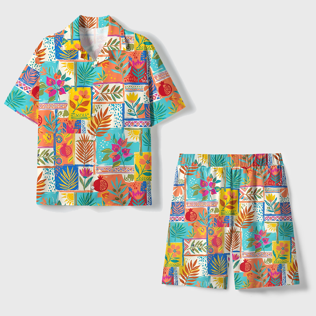 Abstract Botanical Elements Unisex Hawaiian Beach Set Camp Collar Shirt And Shorts For Casual Summer Vacation