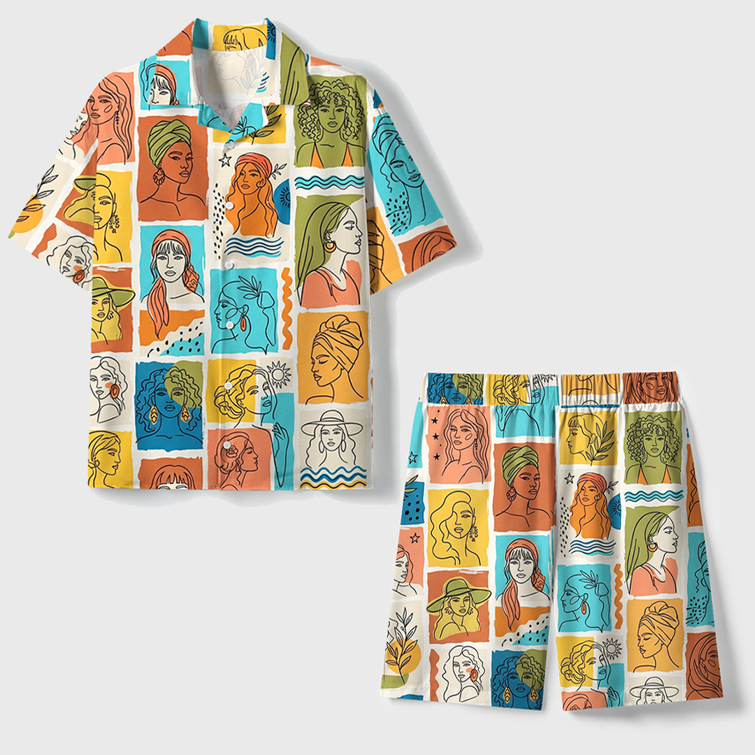 Abstract Line Art Women Portraits Unisex Hawaiian Beach Set Camp Collar Shirt And Shorts For Casual Summer Vacation