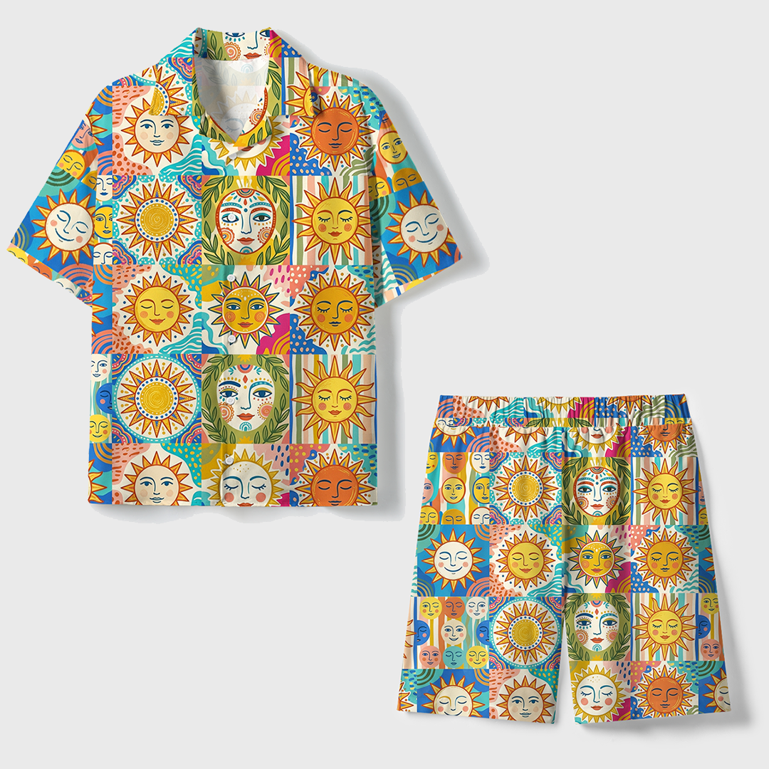 Abstract Sun And Face Motifs Unisex Hawaiian Beach Set Camp Collar Shirt And Shorts For Casual Summer Vacation