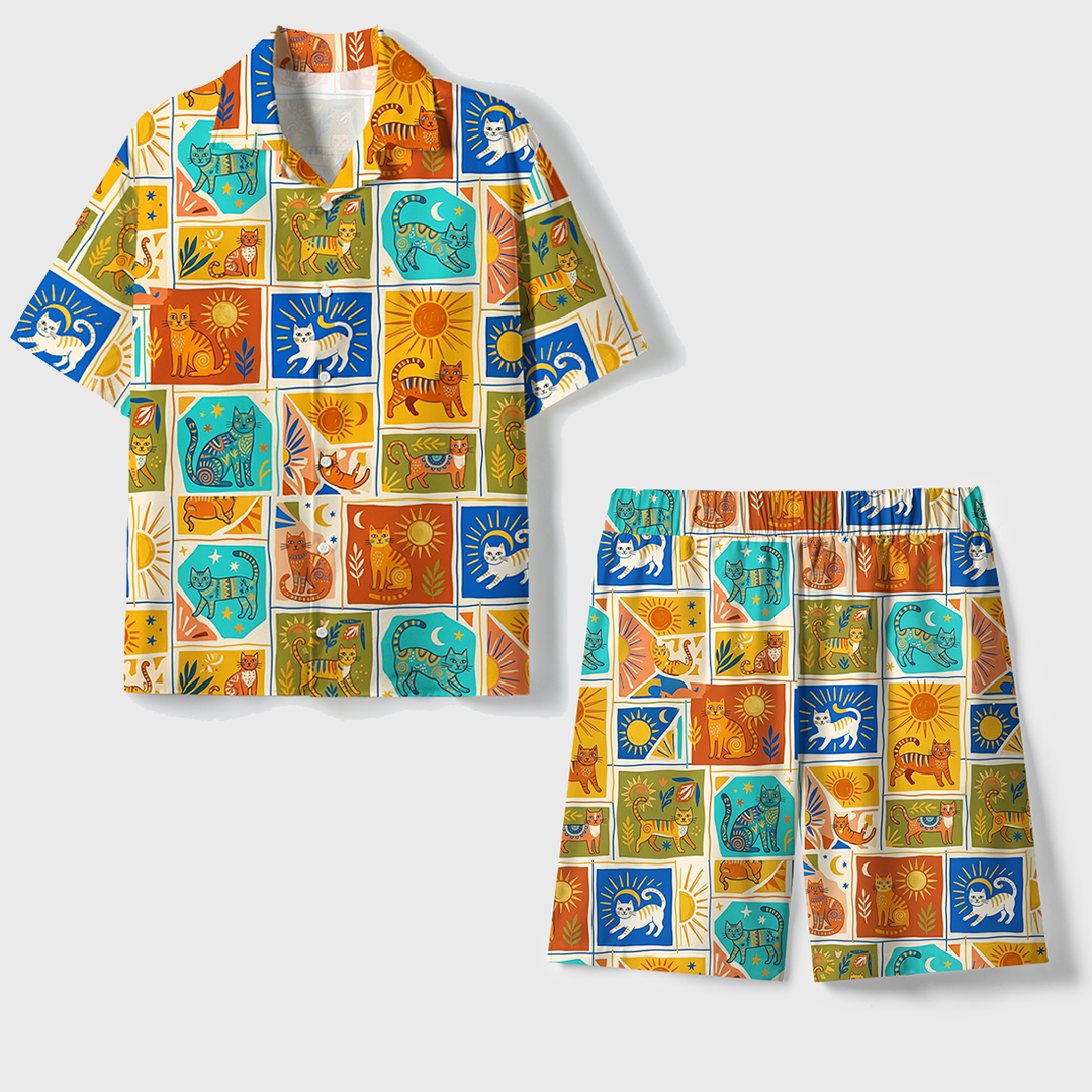 Abstract Cats And Sun Elements Unisex Hawaiian Beach Set Camp Collar Shirt And Shorts For Casual Summer Vacation