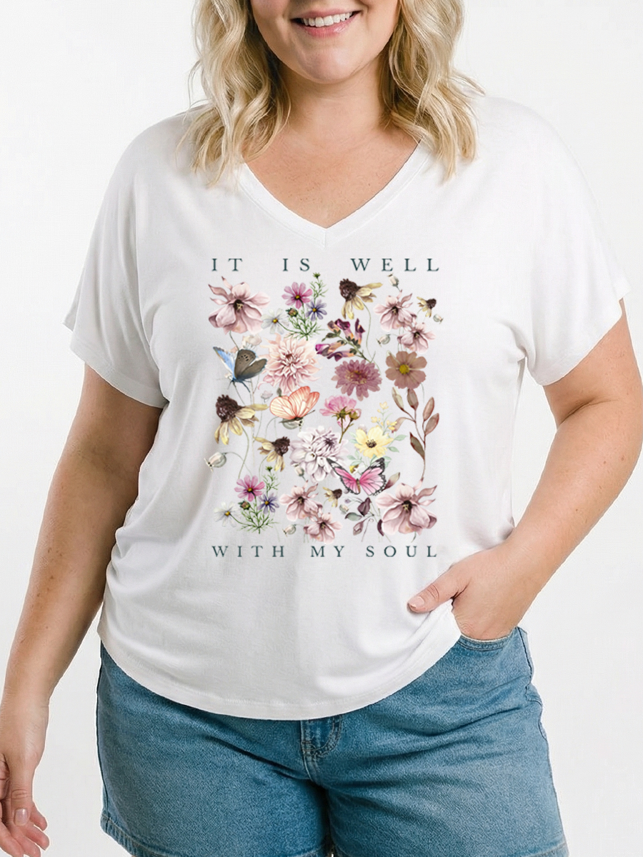 Vintage It Is Well With My Soul V-neck Modal Batwing Sleeve Graphic T-Shirt