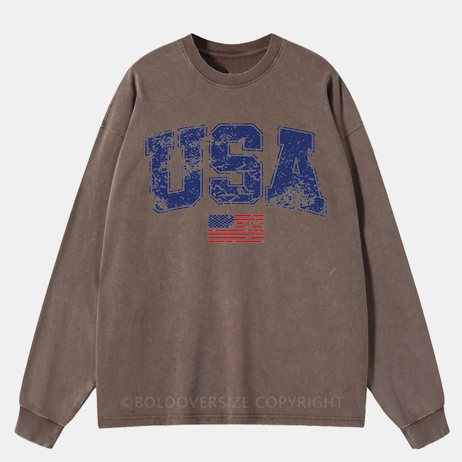 Vintage Retro Usa Washed Long Sleeve Shirt