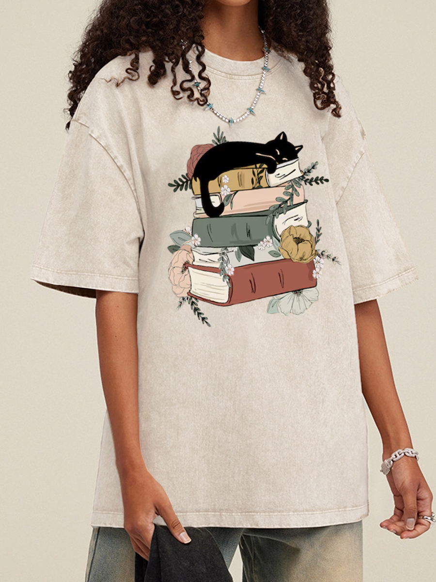 Vintage Cat Book Washed T-Shirt