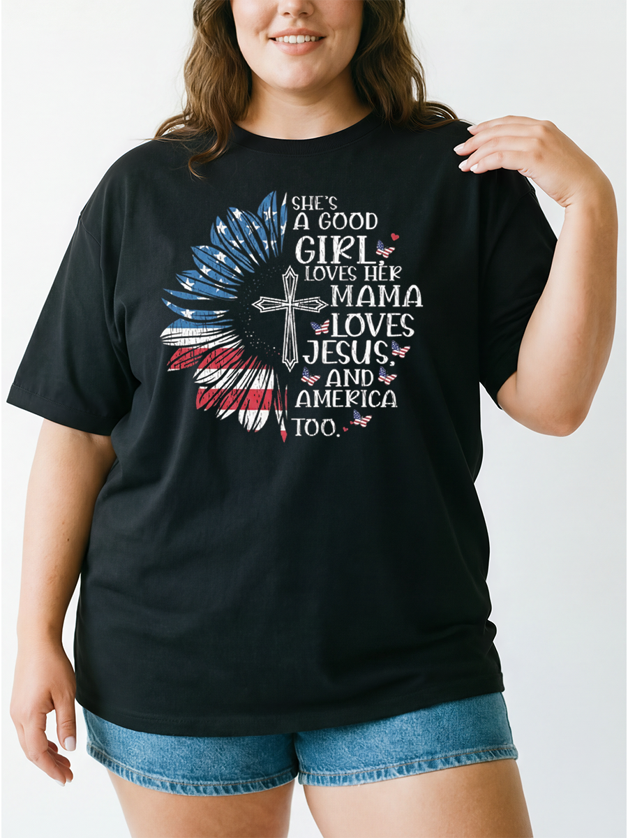 Vintage Loves Her Mama Loves Jesus And America Christian Oversize Graphic Tee