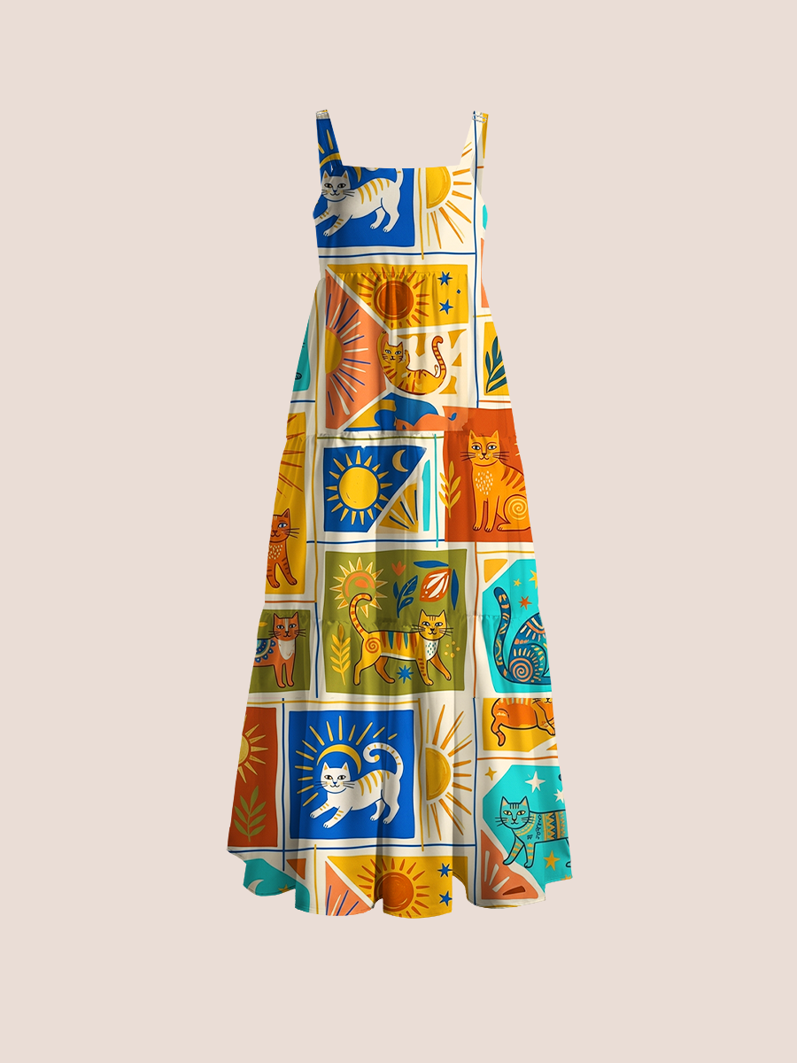  Modern Bohemian Style Cats Adjustable Wide Straps Maxi Dress