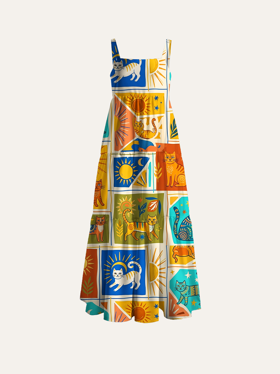 Modern Bohemian Style Cats Adjustable Wide Straps Maxi Dress