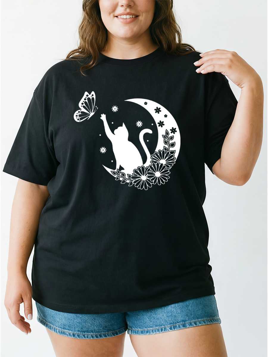 Vintage Cat And Butterfly Oversize Graphic Tee