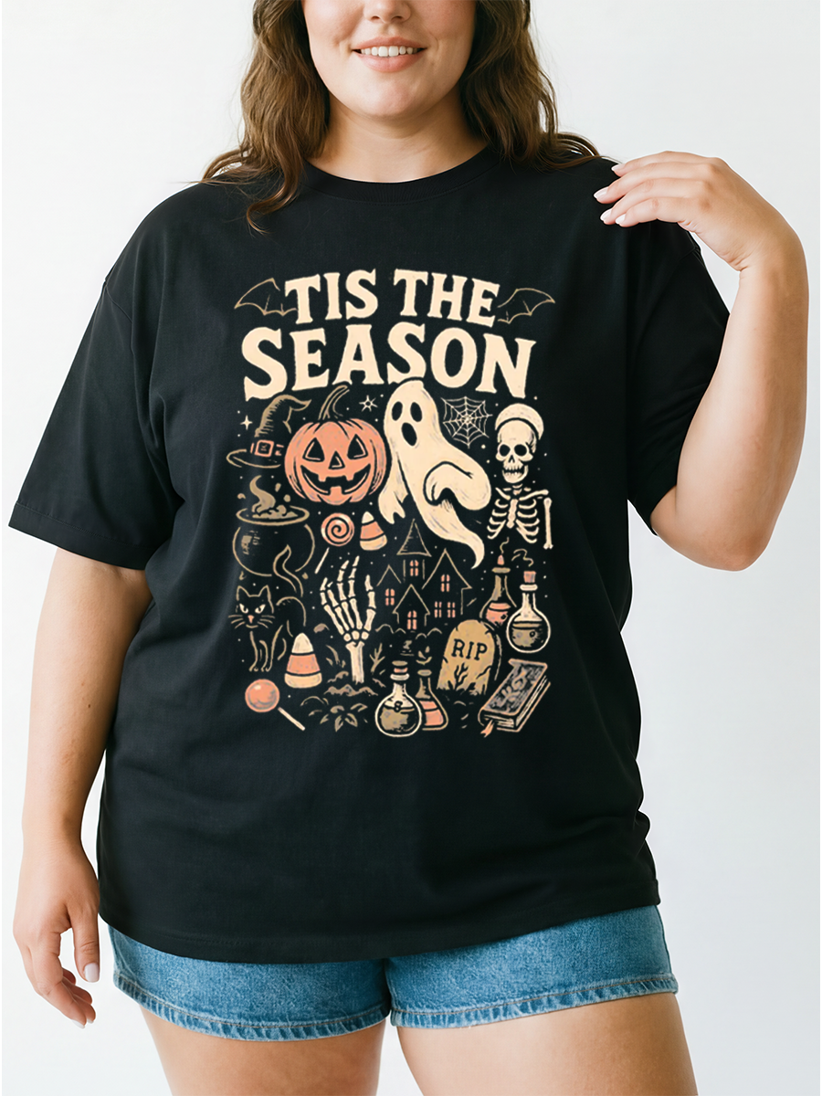 Vintage Tis The Season Skeleton Pumpkin Ghost Halloween Oversize Graphic Tee