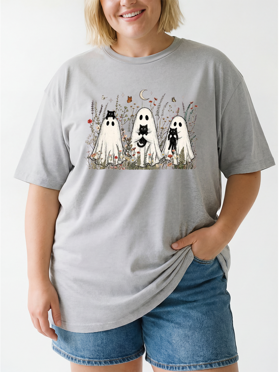 Vintage Ghost Black Cat Wildflower Oversize Graphic Tee