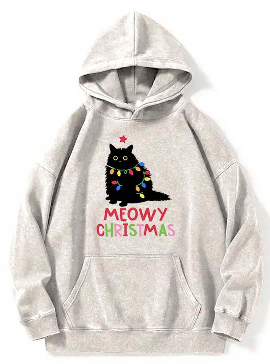 Vintage Meowy Christmas Black Cat Washed Hoodie