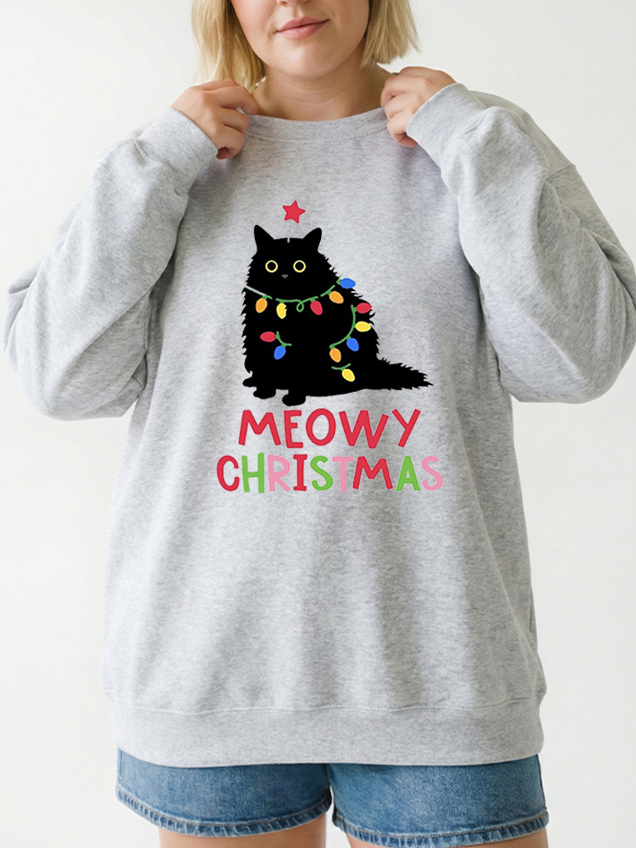 Vintage Meowy Christmas Black Cat Graphic Sweatshirt