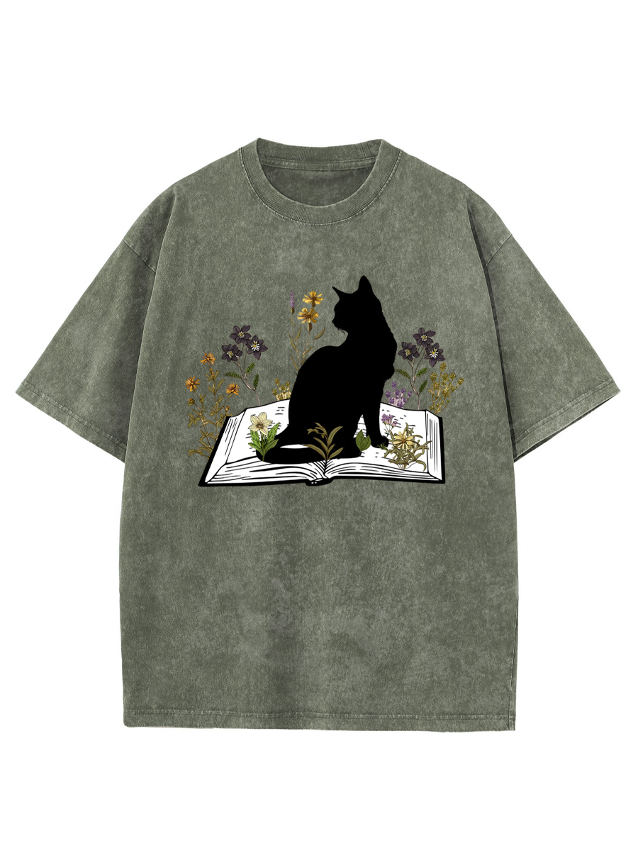 Vintage Cat On Book Washed T-Shirt