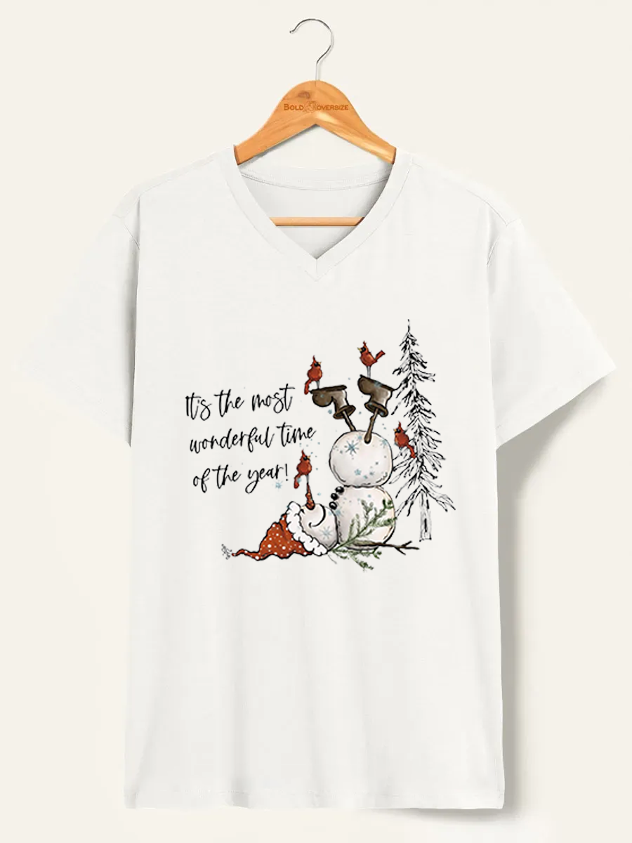 Vintage It'S The Most Wonderful Time Of The Year Cute Snowman V-Neck Tee