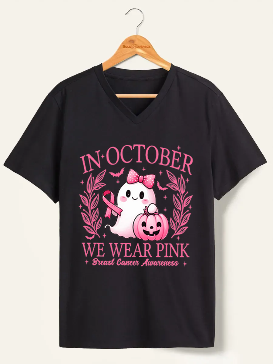 Vintage In October We Wear Pink Ghost V-Neck Tee