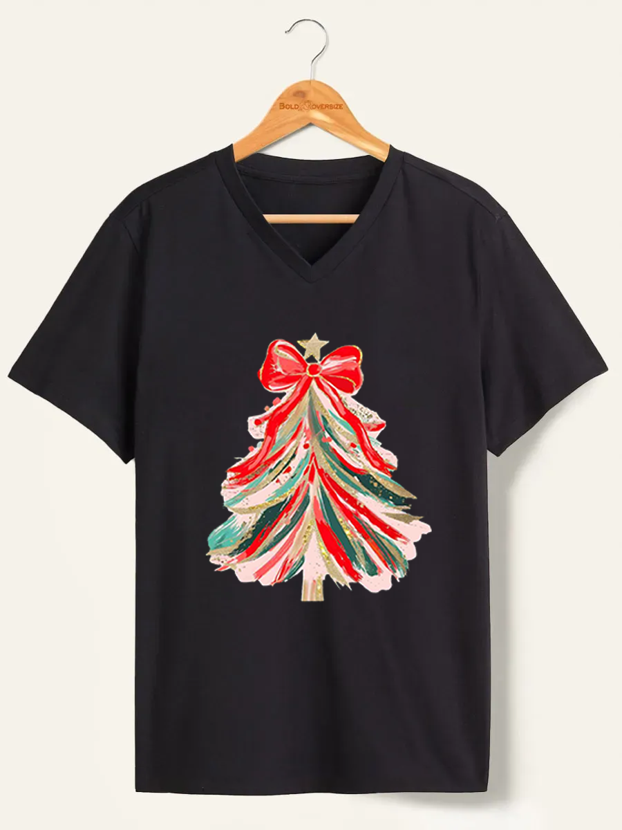 Vintage Red Bow Christmas Tree V-Neck Tee