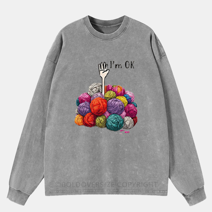 Vintage I’M Ok Knitting Washed Long Sleeve Shirt