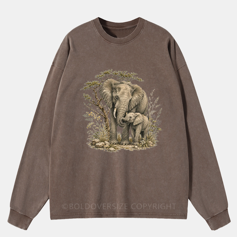 Vintage Elephant Animal Washed Long Sleeve Shirt