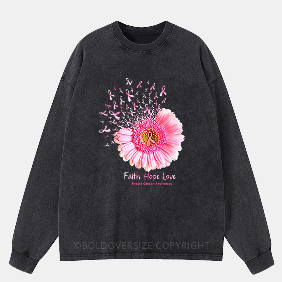 Vintage Faith Hope Love Breast Cancer Awareness Washed Long Sleeve Shirt