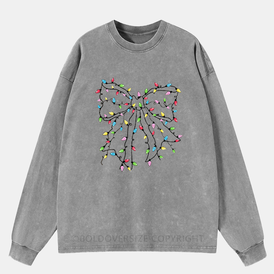 Vintage Christmas Lights Coquette Bow Washed Long Sleeve Shirt