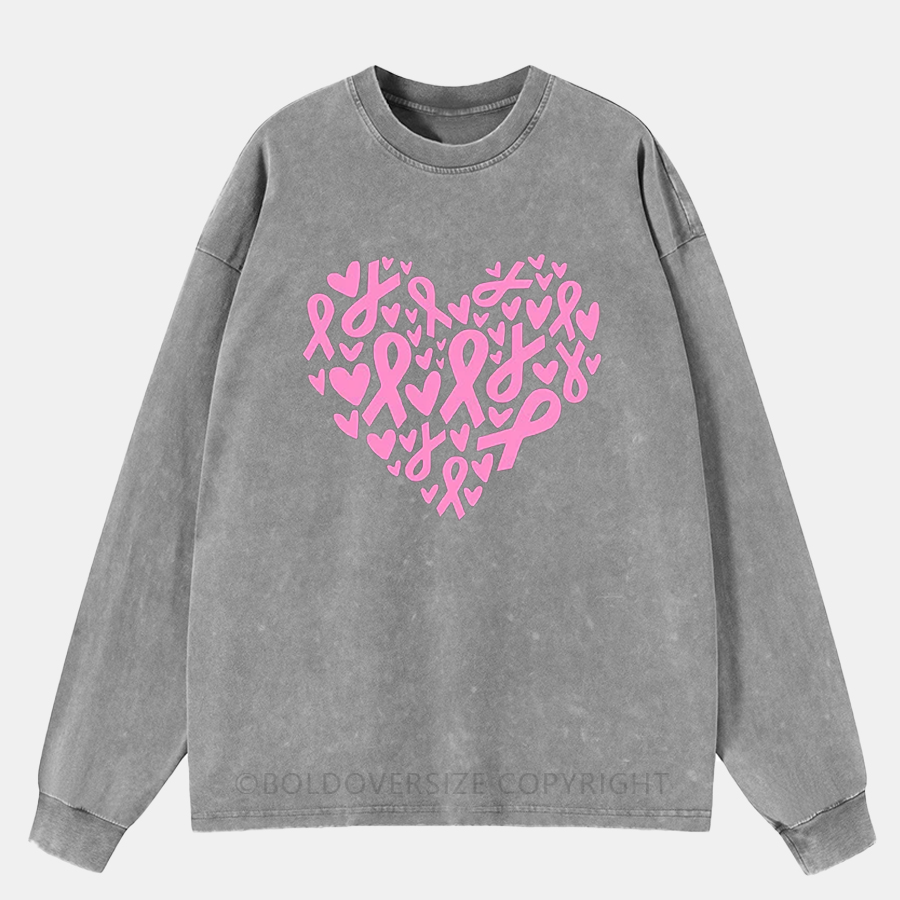 Vintage Pink Ribbon Heart Washed Long Sleeve Shirt