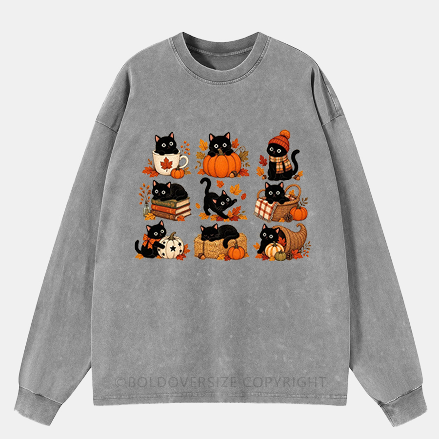 Vintage Fall Cat Washed Long Sleeve Shirt