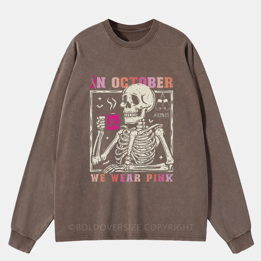 Vintage Funny Skeleton Breast Cancer Awareness Washed Long Sleeve Shirt