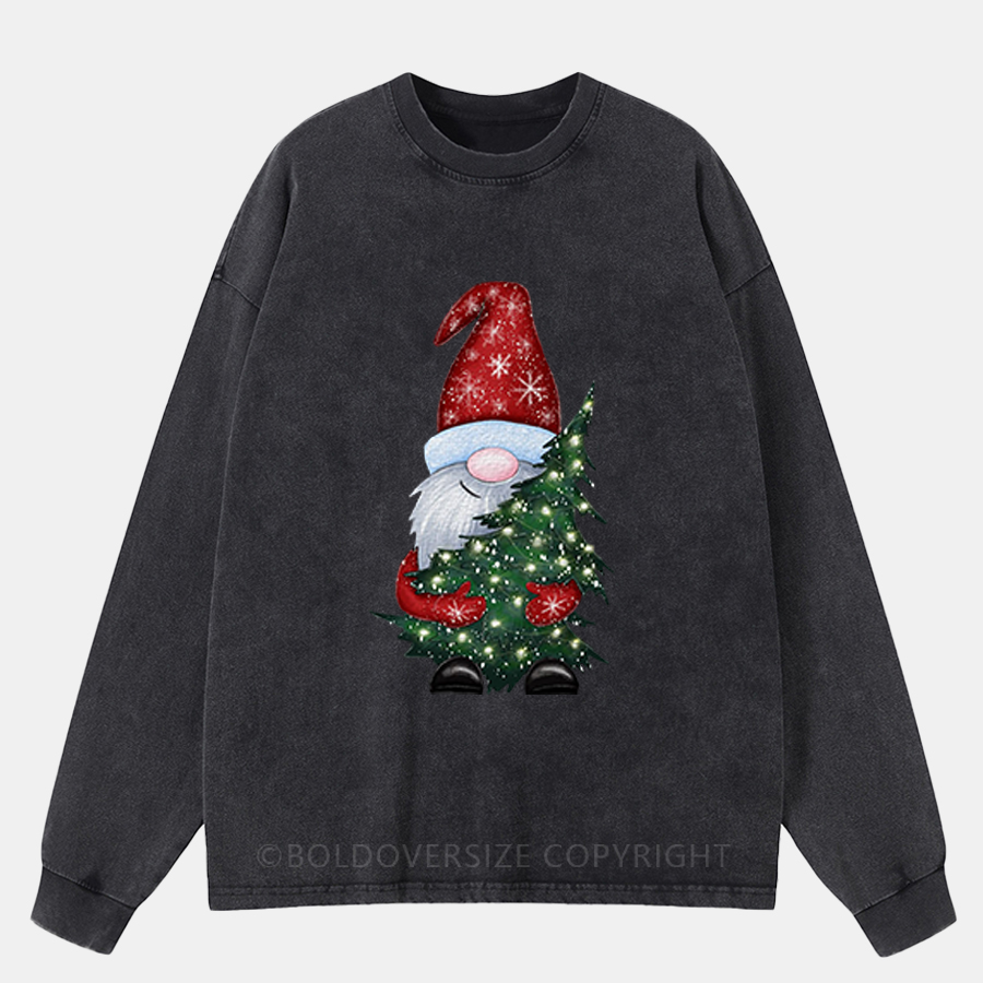 Vintage Chritmas Gnome With Tree Washed Long Sleeve Shirt