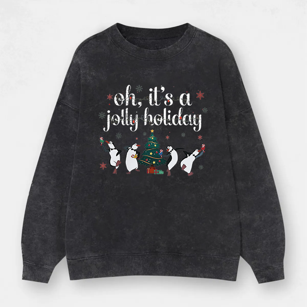 Vintage Oh It'S A Jolly Holiday Santa Penguins Christmas Light Washed Sweatshirt