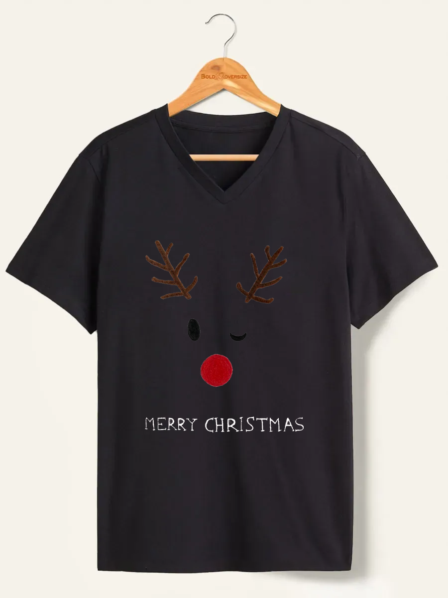 Vintage Merry Christmas Cute Deer V-Neck Tee