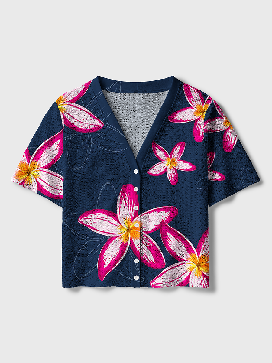 Vibrant Tropical Fuchsia Plumeria Crochet Button Down Cardigan