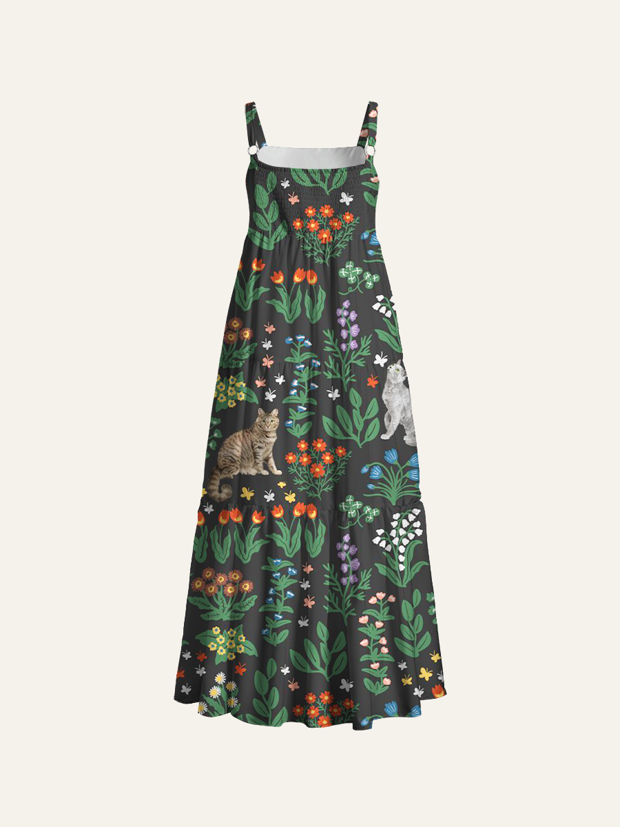 Whimsical Flower Cats Adjustable Wide Straps Maxi Dress