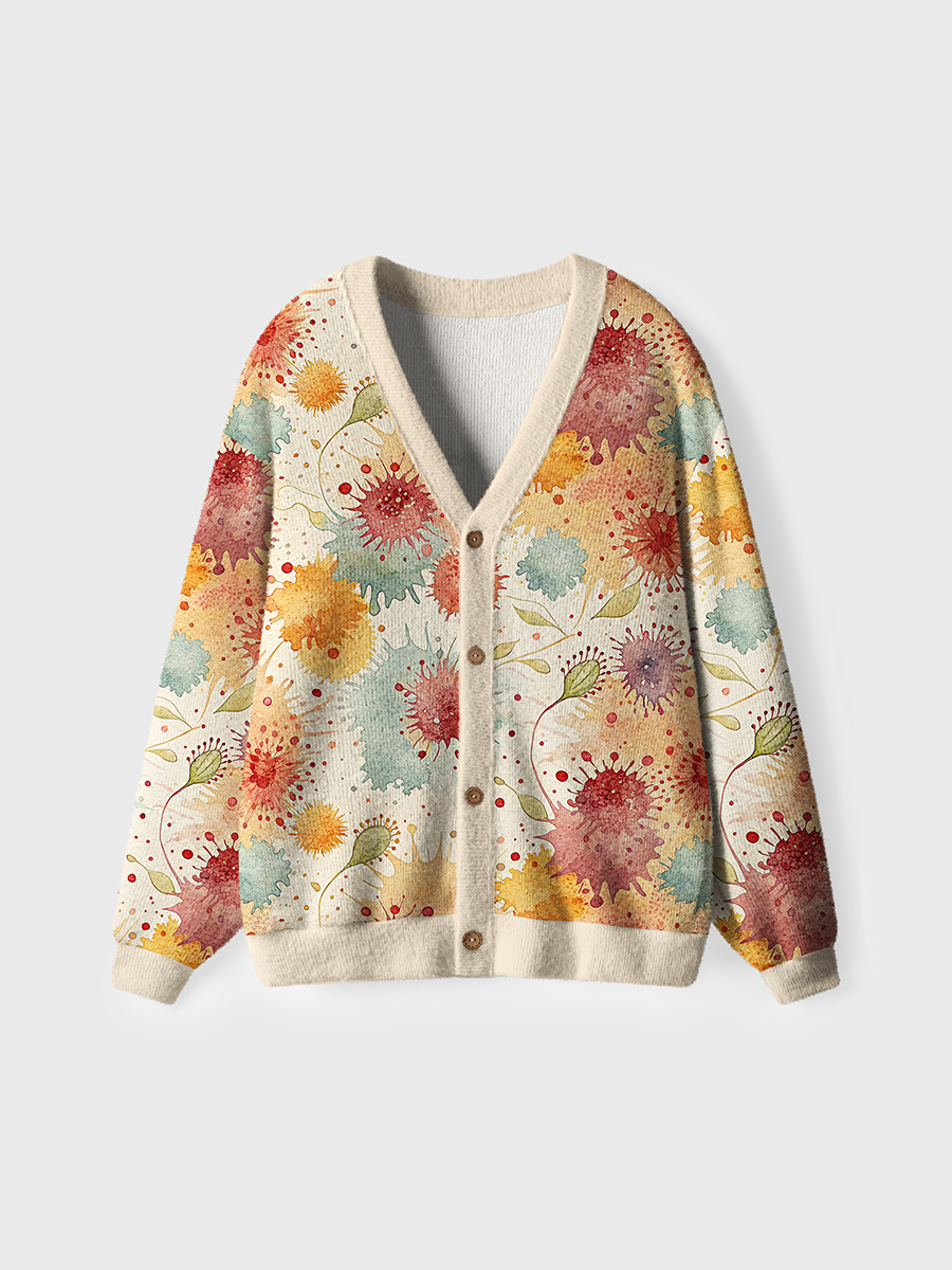 Vintage Watercolor Splash Floral Pop Cardigan Sweaters