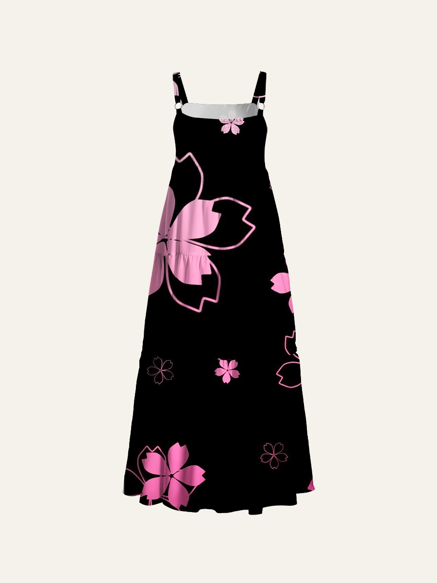 Sakura Outline Black Background Adjustable Wide Straps Maxi Dress