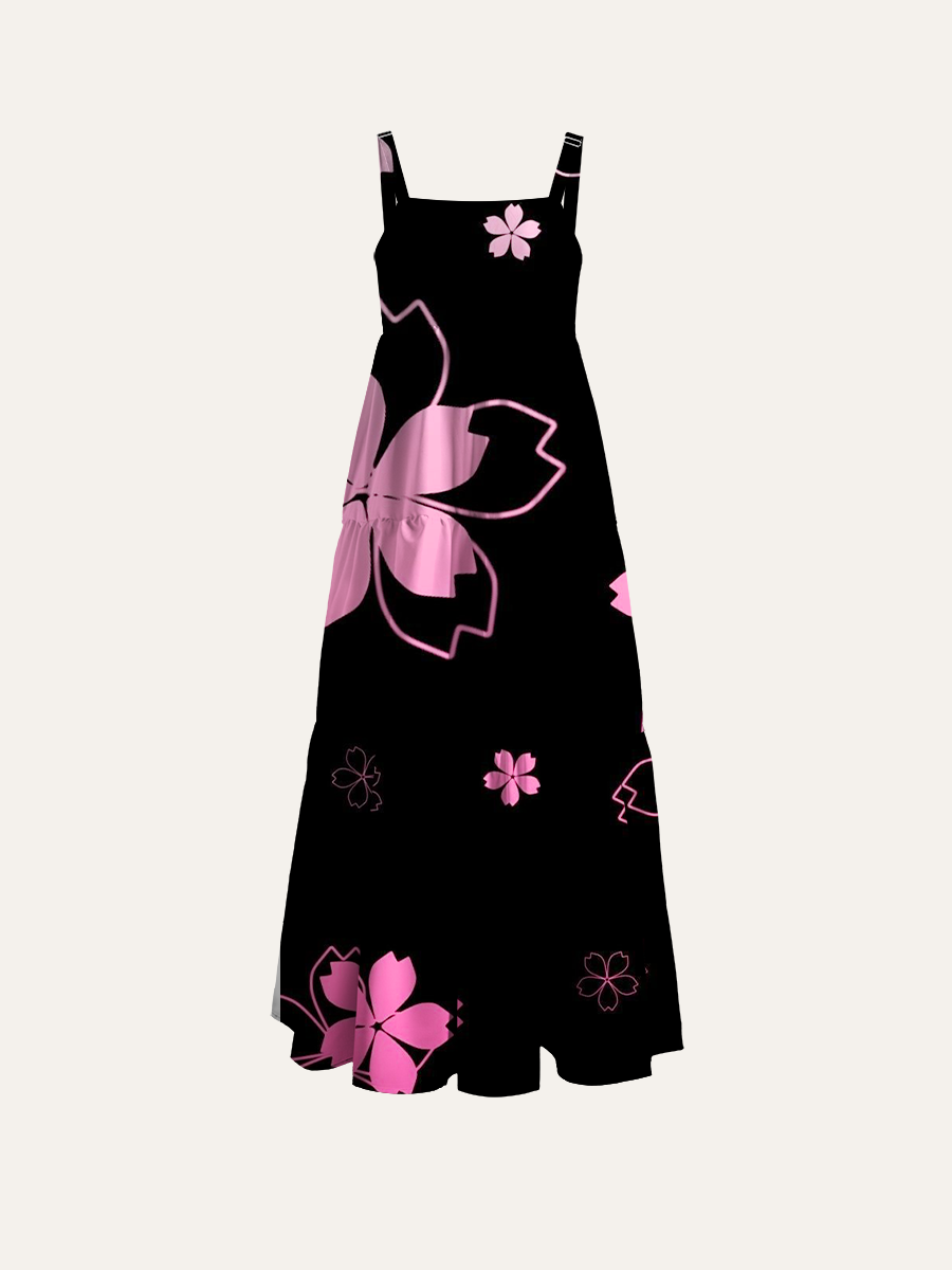 Sakura Outline Black Background Adjustable Wide Straps Maxi Dress
