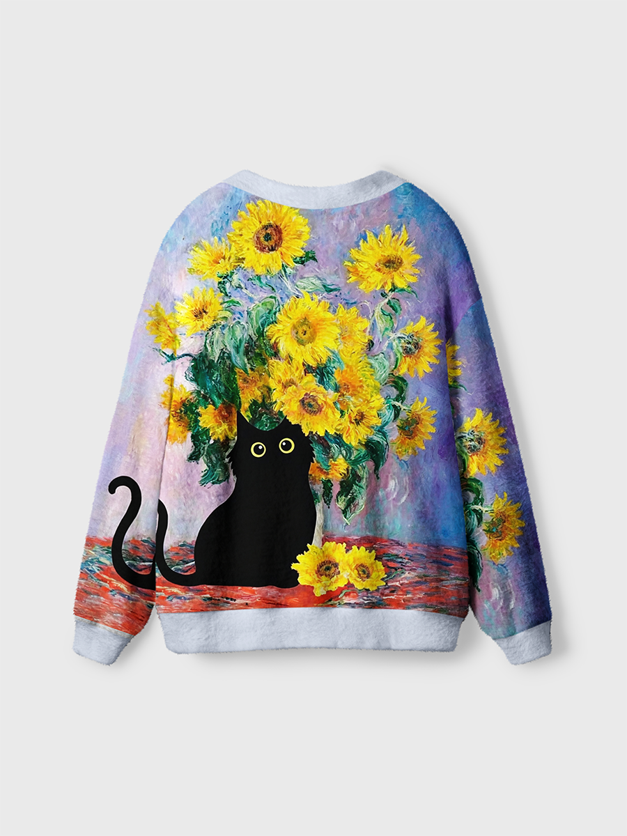 Vintage Van Gogh Style Sunflowers Silhouette Black Cat Cardigan Sweaters