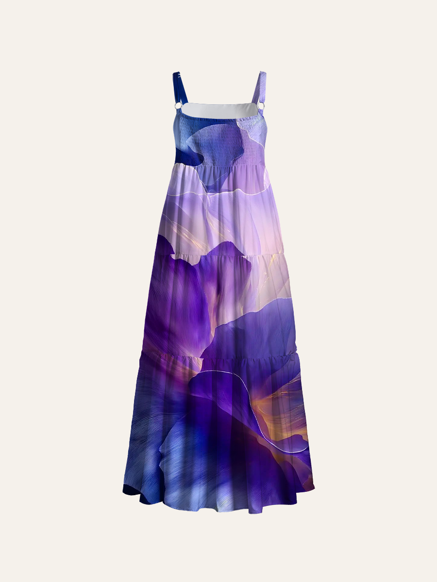 Luminous Purple Iris Floral Adjustable Wide Straps Maxi Dress