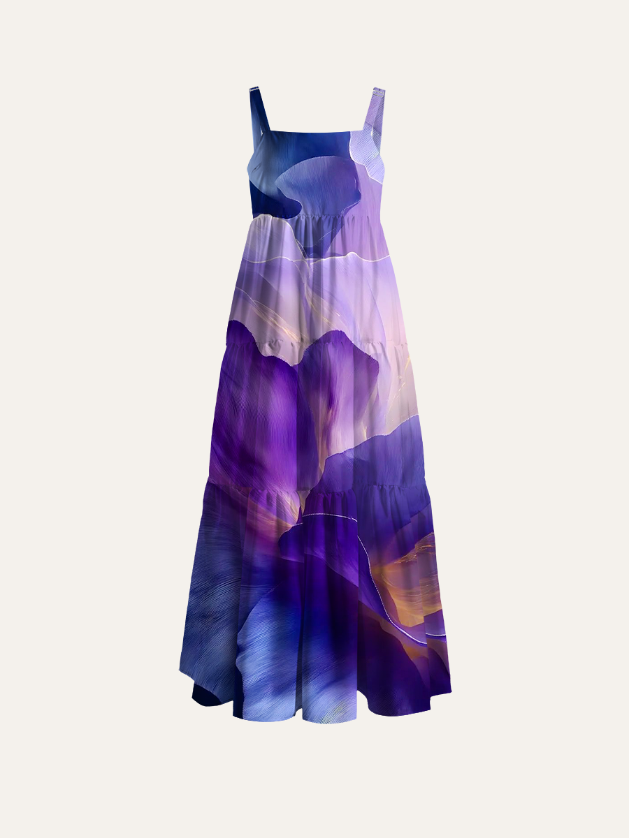 Luminous Purple Iris Floral Adjustable Wide Straps Maxi Dress