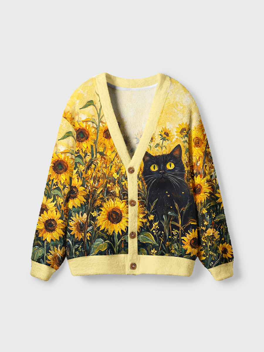 Vintage Black Cat In Sunflower Field Cardigan Sweaters