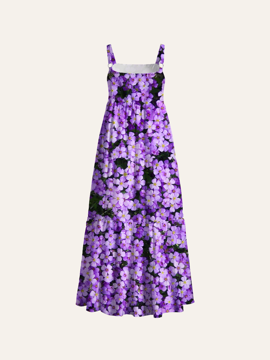Dense Purple Aubrieta Floral Adjustable Wide Straps Maxi Dress